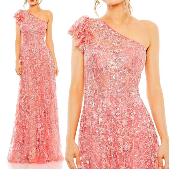 Mac Duggal 68512 Size 16 Coral Floral Beaded One Shoulder Long Maxi Gown‎ Dress - Picture 1 of 5